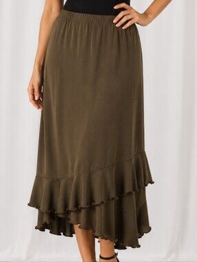 👚 BCBG New York Brown Asymmetrical Ruffle Hem Stretch Maxi Skirt Women M
